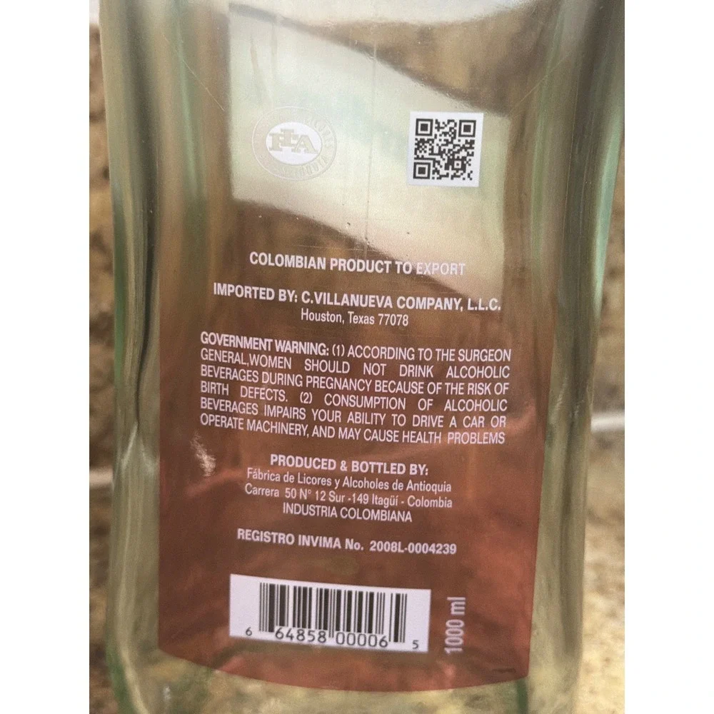 COLOMBIAN Aguardiente Antioqueño Empty Bottle Unisex 1000ml Clear Excellent